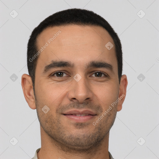 Joyful white young-adult male with short  brown hair and brown eyes