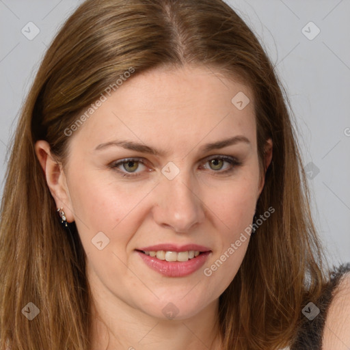 Joyful white young-adult female with long  brown hair and grey eyes