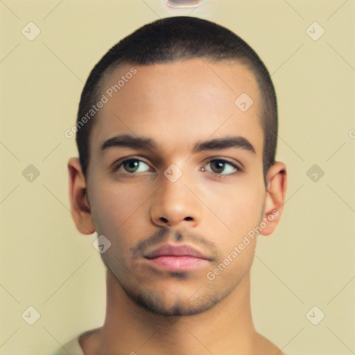 Neutral latino young-adult male with short  black hair and brown eyes