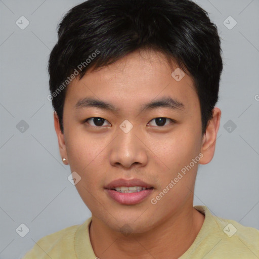 Neutral asian young-adult male with short  black hair and brown eyes