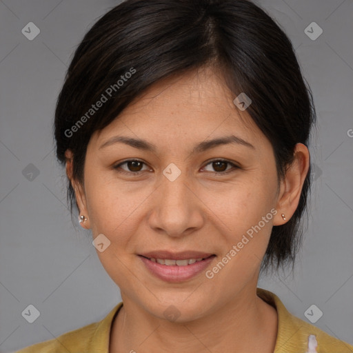 Joyful white adult female with medium  brown hair and brown eyes