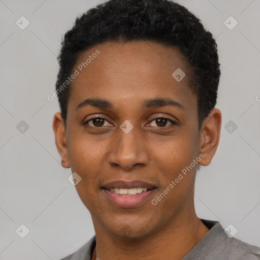 Joyful black young-adult male with short  black hair and brown eyes