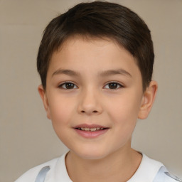 Joyful white child female with short  brown hair and brown eyes