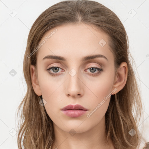 Neutral white young-adult female with long  brown hair and grey eyes