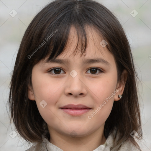 Joyful white child female with medium  brown hair and brown eyes