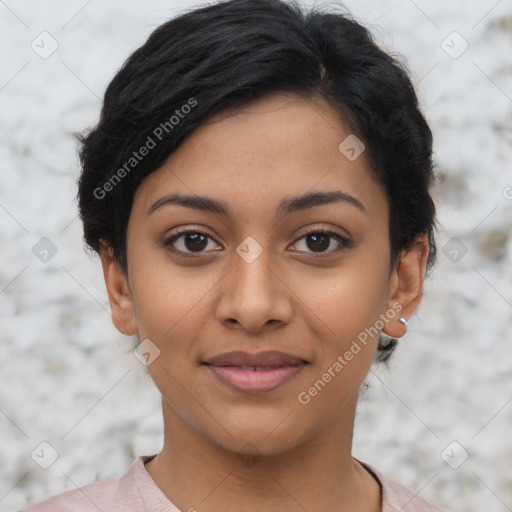 Joyful latino young-adult female with short  black hair and brown eyes