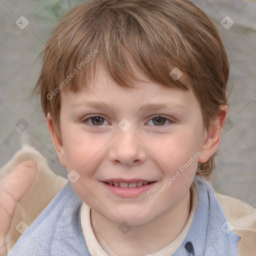 Joyful white child female with medium  brown hair and grey eyes