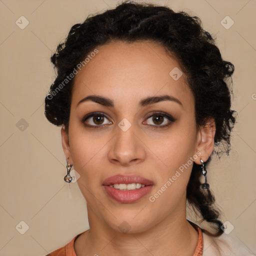 Joyful latino young-adult female with short  brown hair and brown eyes