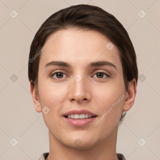 Joyful white young-adult female with short  brown hair and brown eyes