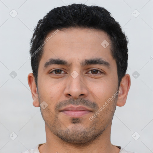 Neutral latino young-adult male with short  black hair and brown eyes