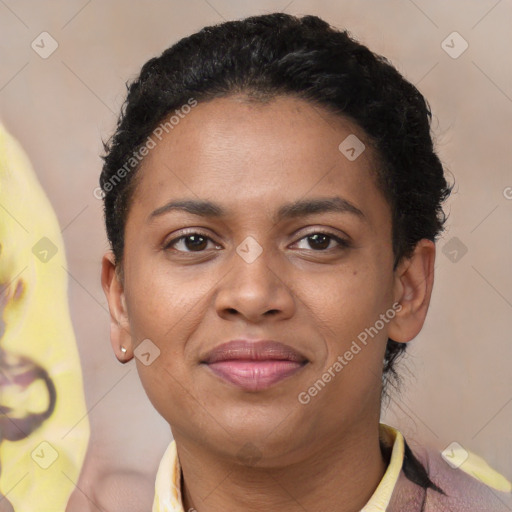 Joyful latino young-adult female with short  brown hair and brown eyes