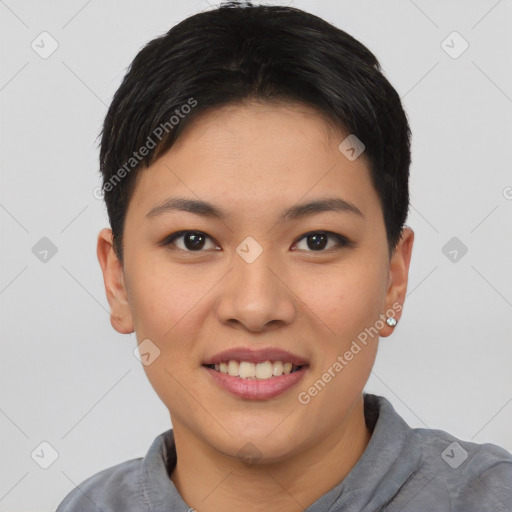 Joyful asian young-adult female with short  brown hair and brown eyes