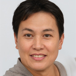 Joyful white adult female with short  brown hair and brown eyes