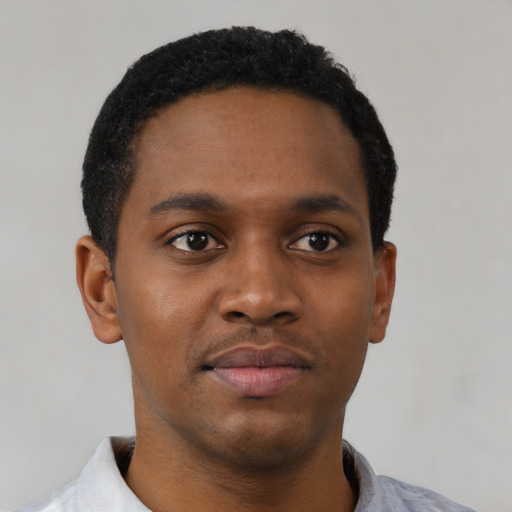 Neutral black young-adult male with short  black hair and brown eyes