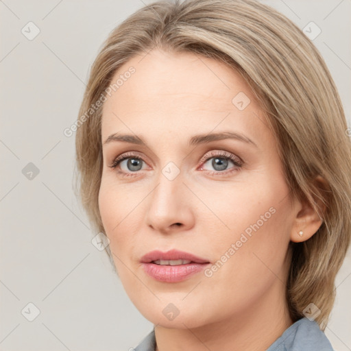 Neutral white young-adult female with medium  brown hair and blue eyes