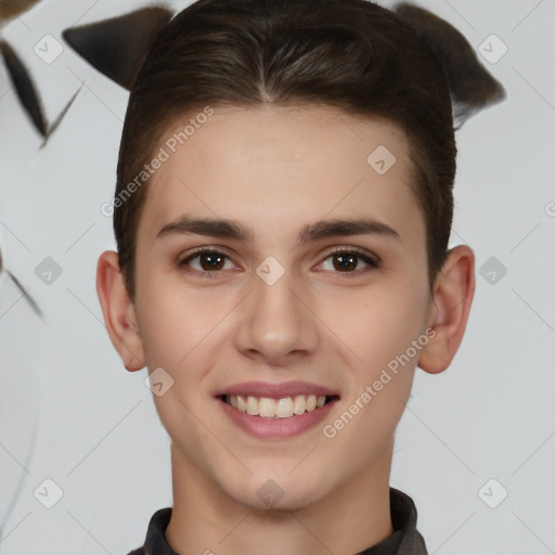 Joyful white young-adult female with short  brown hair and brown eyes