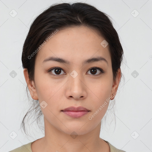 Neutral white young-adult female with medium  brown hair and brown eyes