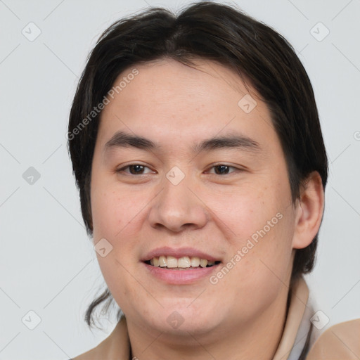 Joyful white young-adult male with medium  brown hair and brown eyes