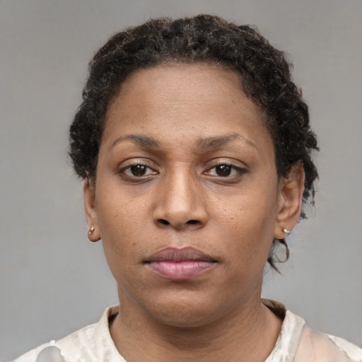 Neutral black adult female with short  brown hair and brown eyes