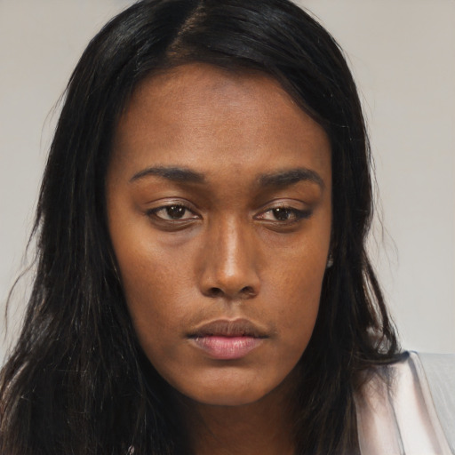 Neutral asian young-adult female with long  brown hair and brown eyes