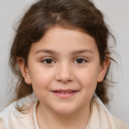 Joyful white child female with medium  brown hair and brown eyes