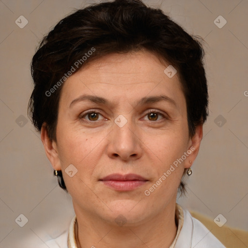 Joyful white adult female with short  brown hair and brown eyes