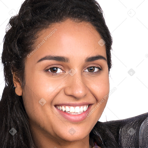 Joyful latino young-adult female with long  brown hair and brown eyes