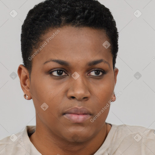 Neutral black young-adult female with short  brown hair and brown eyes