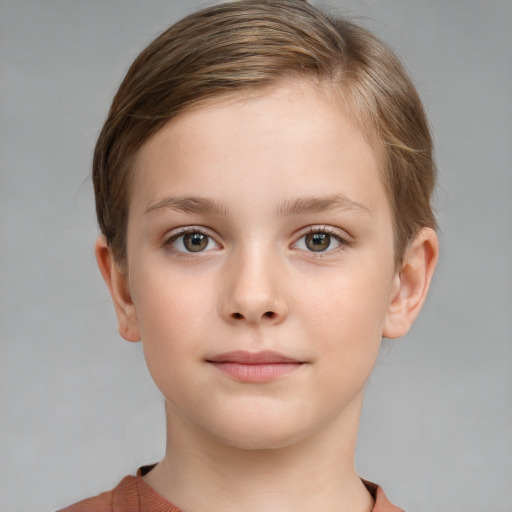 Neutral white child female with short  brown hair and grey eyes