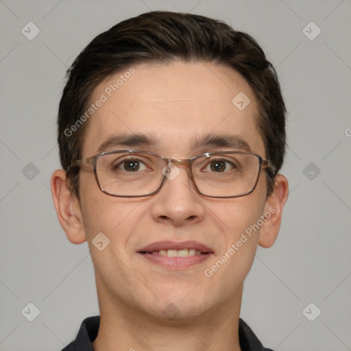 Joyful white adult male with short  brown hair and brown eyes