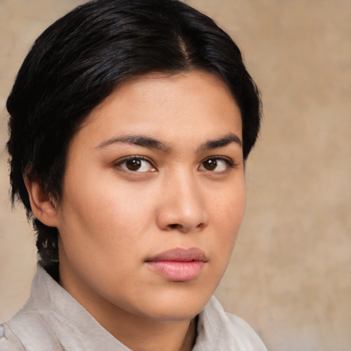 Neutral latino young-adult female with medium  brown hair and brown eyes