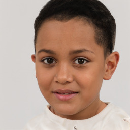 Joyful white child female with short  brown hair and brown eyes