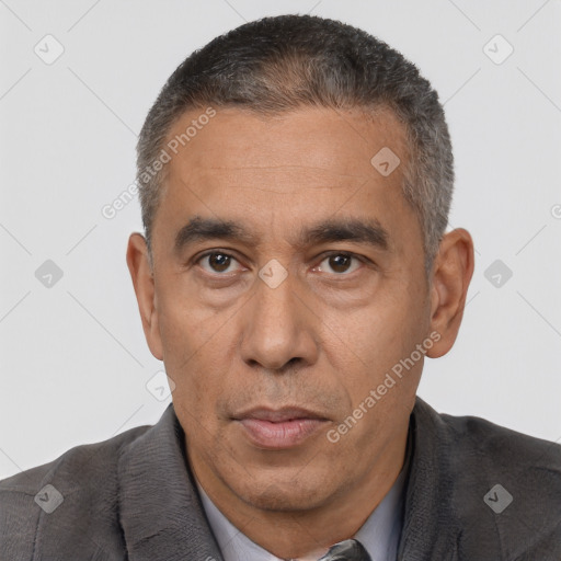 Neutral white adult male with short  black hair and brown eyes