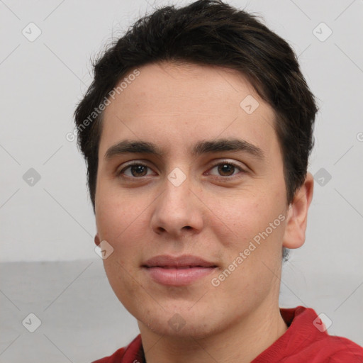 Joyful white young-adult male with short  brown hair and brown eyes