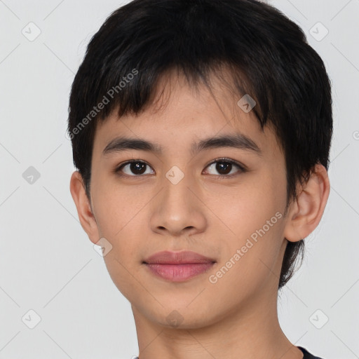 Joyful asian young-adult male with short  black hair and brown eyes