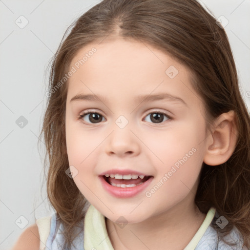 Joyful white child female with medium  brown hair and brown eyes