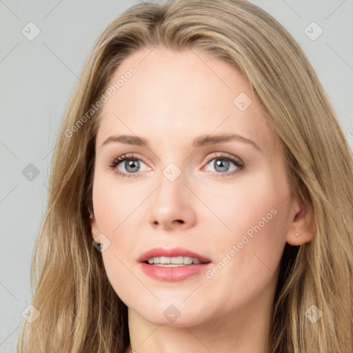 Neutral white young-adult female with long  brown hair and grey eyes