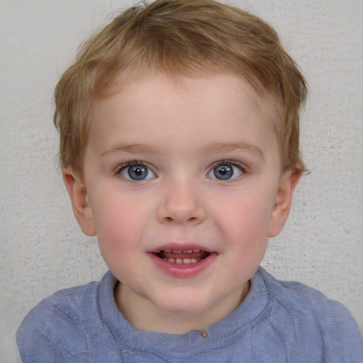 Joyful white child female with short  brown hair and blue eyes