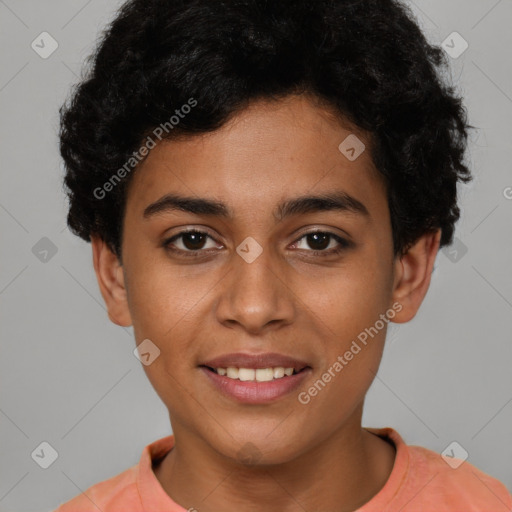 Joyful latino young-adult female with short  brown hair and brown eyes