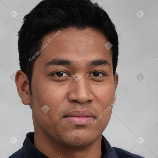 Neutral latino young-adult male with short  brown hair and brown eyes