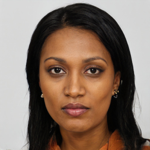Neutral asian young-adult female with long  black hair and brown eyes