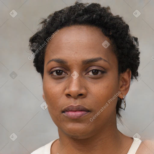 Neutral black young-adult female with short  black hair and brown eyes