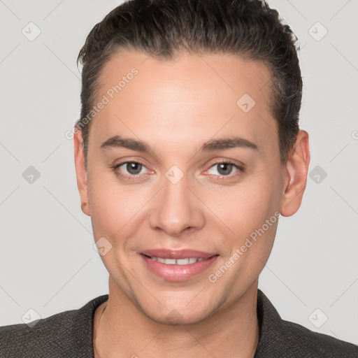 Joyful white young-adult female with short  brown hair and brown eyes