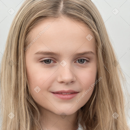 Joyful white child female with long  brown hair and brown eyes