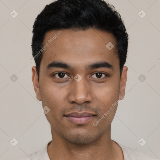 Neutral latino young-adult male with short  black hair and brown eyes