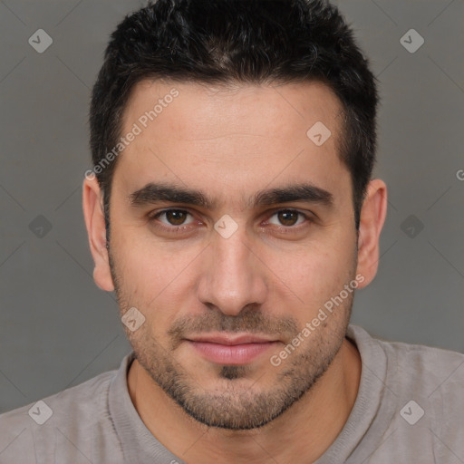 Joyful white young-adult male with short  brown hair and brown eyes