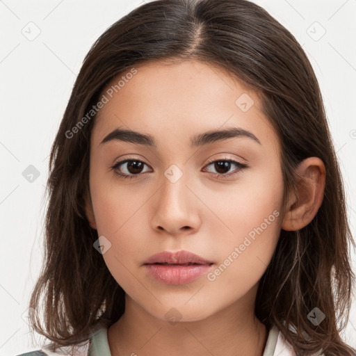 Neutral white young-adult female with long  brown hair and brown eyes