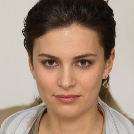 Neutral white young-adult female with short  brown hair and brown eyes