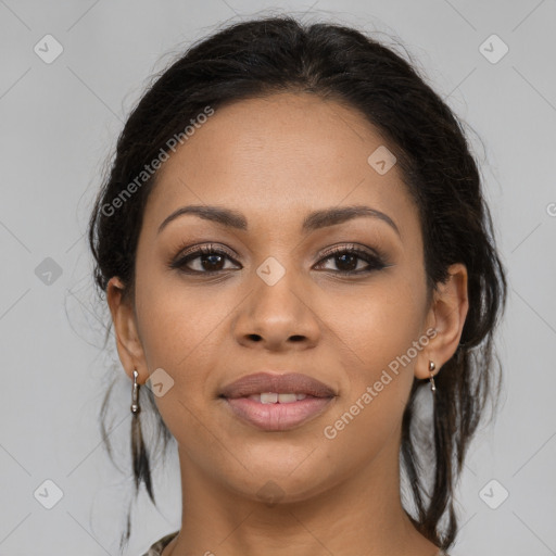 Joyful latino young-adult female with medium  brown hair and brown eyes