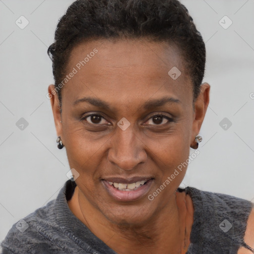 Joyful black adult female with short  black hair and brown eyes